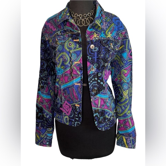 Vintage Ruby Rd. Hearts of Palm Blue Purple Denim Jean Jacket Embroidered L - Picture 1 of 9